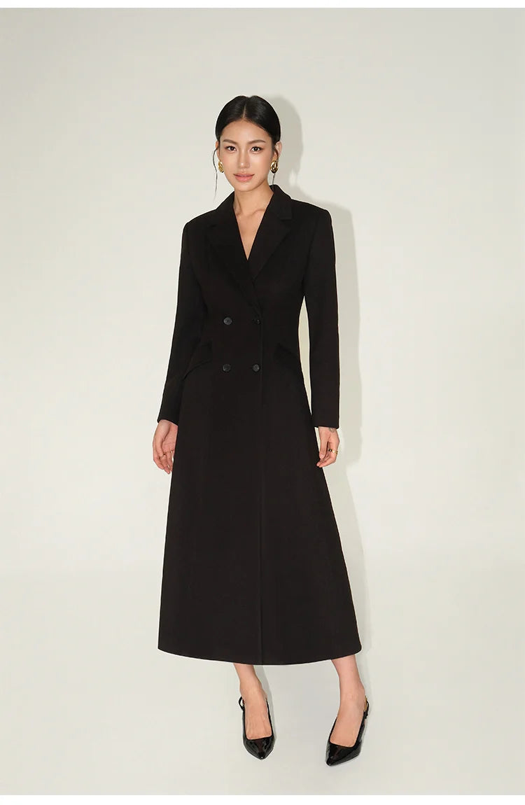 Lapel Double Breasted Full Sleeve Button Woollen Maxi Overcoat