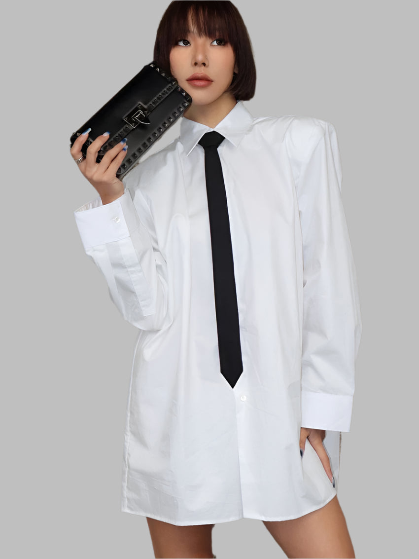 Loose Cotton With Tie Formal Lapel Long Sleeve Mini Shirt Dress