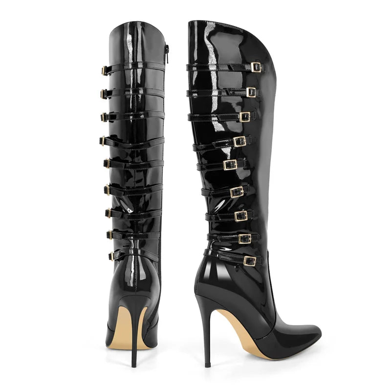 Pointed Toe Patent Leather Multi Buckle thin Hight Heel Knee High Boots