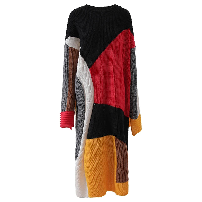 O Neck Multicolour Loose Elastic Pullover Mid Split Knitted Dress