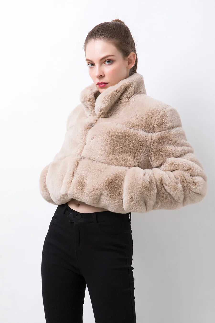 Stand Collar Covered Long Sleeve Thick Warm Faux Fur Mini Coat