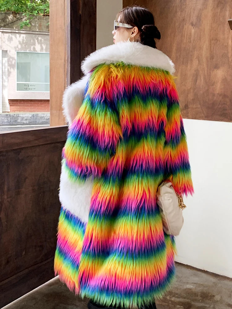 Lapel Rainbow Coloured Long Sleeves Loose Fit Faux Fur Coat