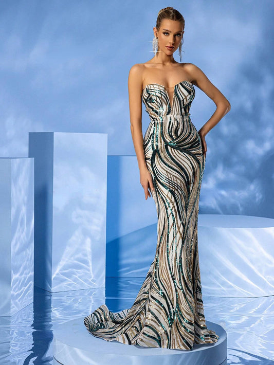 Strapless Neck Sequined Mermaid Train Strapless Evening Maxi Dress