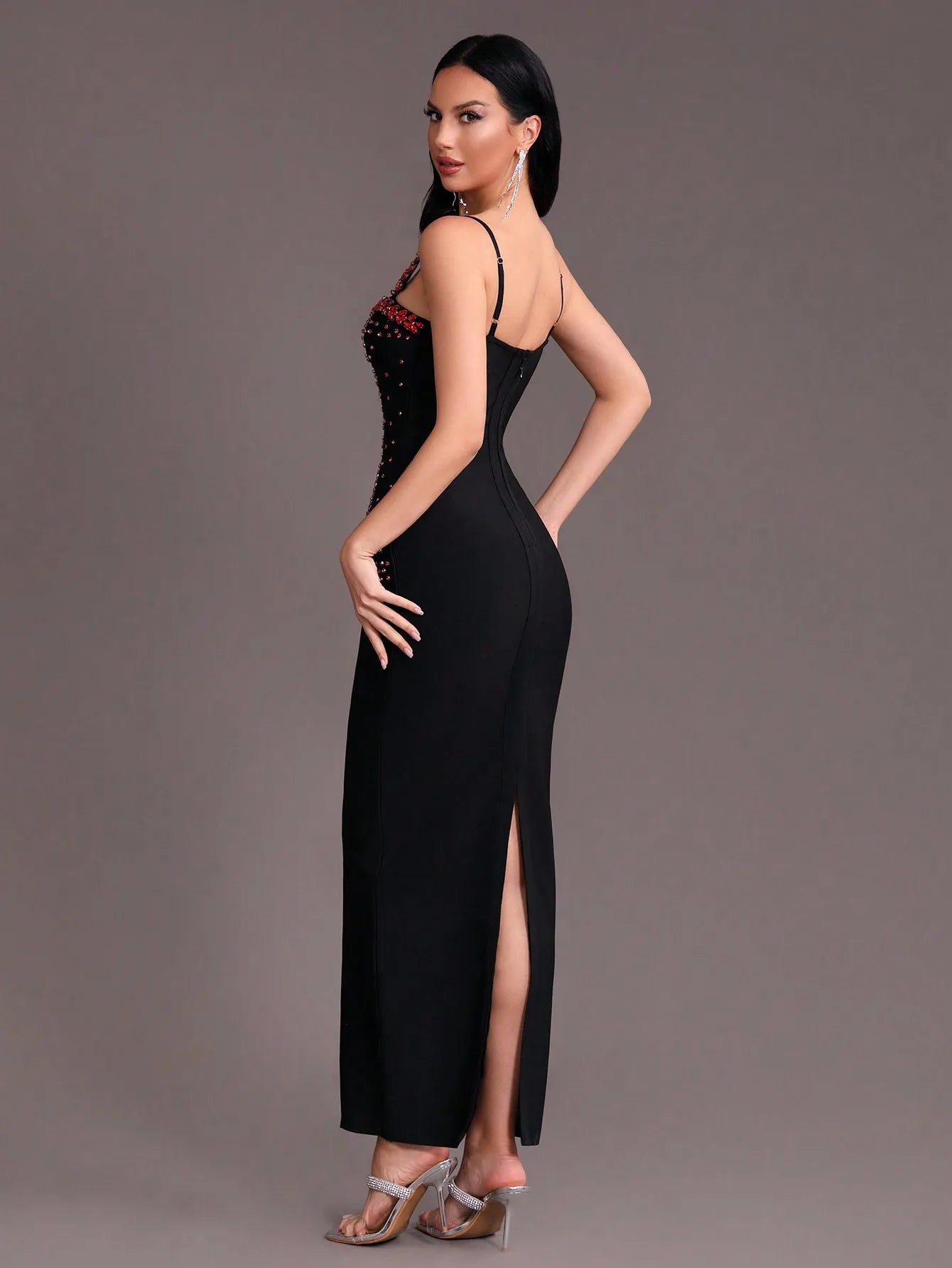 Tight V-Neck Sleeveless Diamonds Decor Maxi Bandage Dress