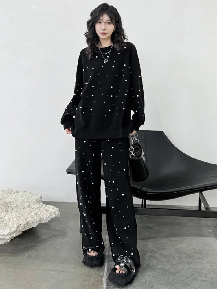 Beading Decor O Neck Long Sleeve Sweatshirt Wide Leg Jogging Set