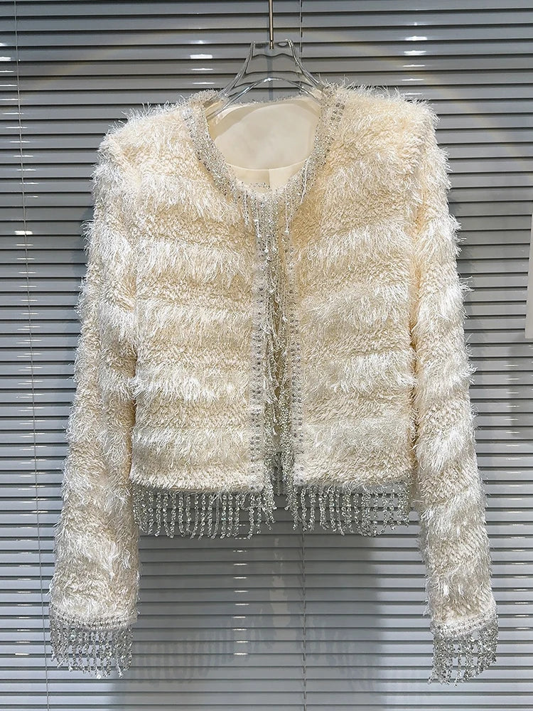 O Neck Long Sleeve Diamonds Tassel Chain Plush Coat