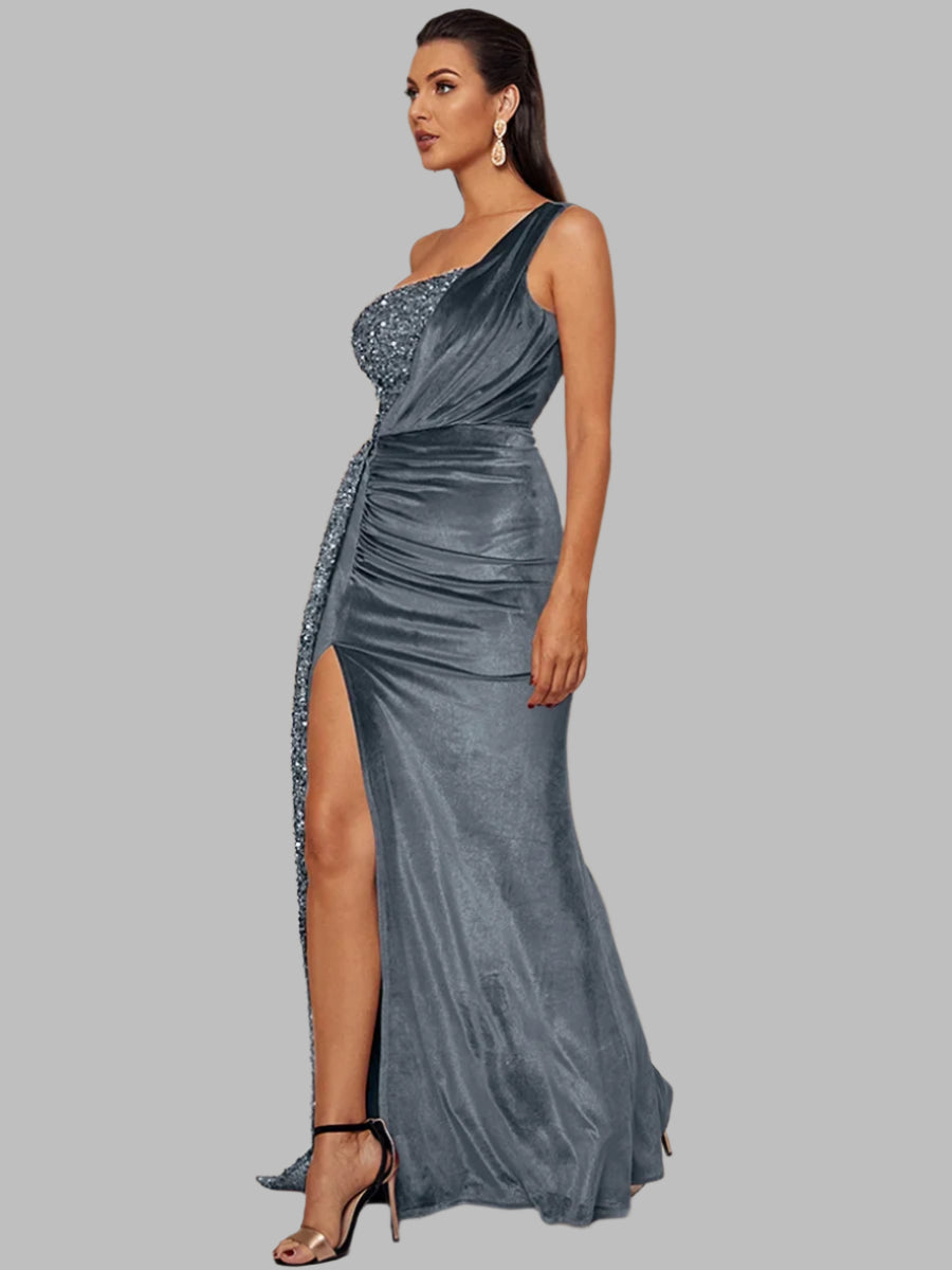 One Shoulder Chic Draped Sequin Panel Velvet Split Prom Maxi Dress