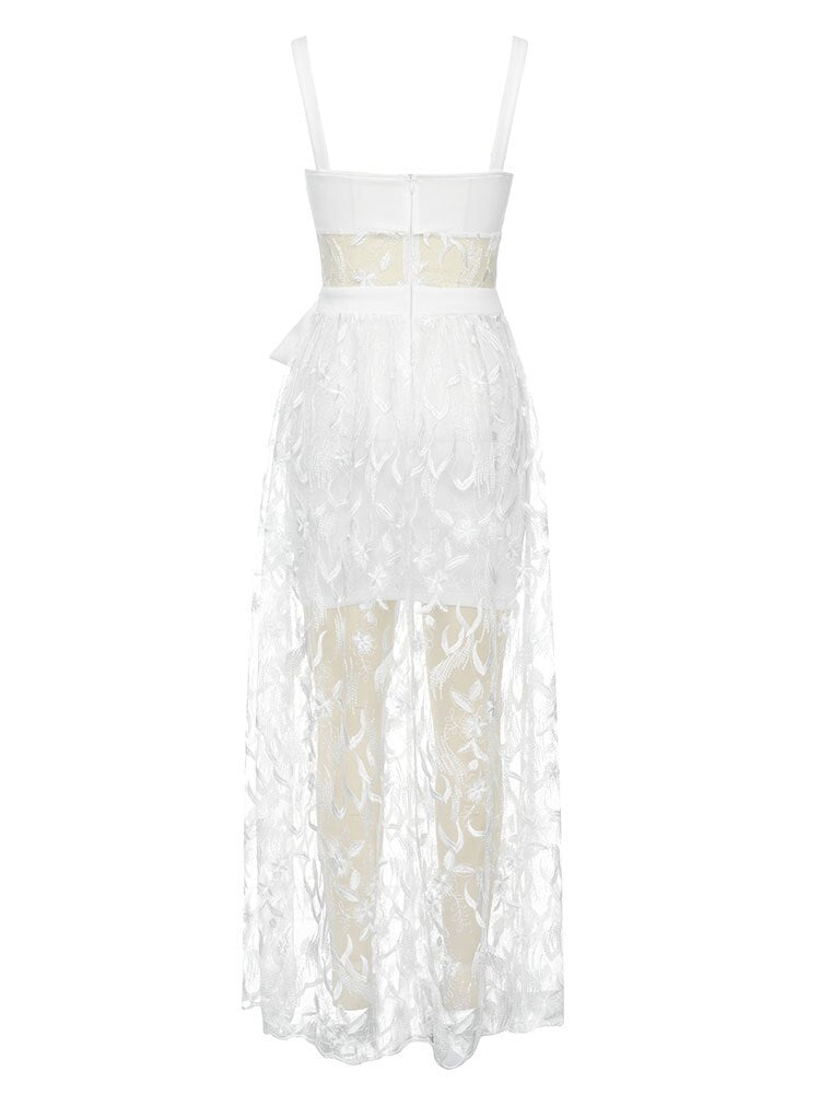 Strap Sleeveless Embroidered Tulle Patchwork Lace up Mid Dress