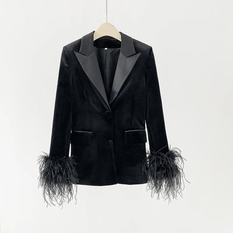 Velvet Feathers Satin Lapel Collar Long Sleeve Blazer