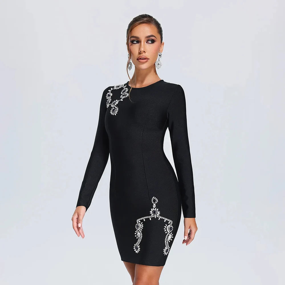 Long sleeved Luxury Diamond Tight Bandage Mini Dress