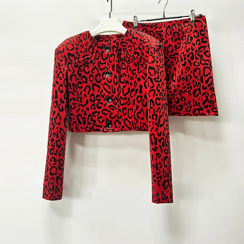 O-Neck Leopard Velvet Buttoned Mini Coat Leopard Print Mini Skirt Set