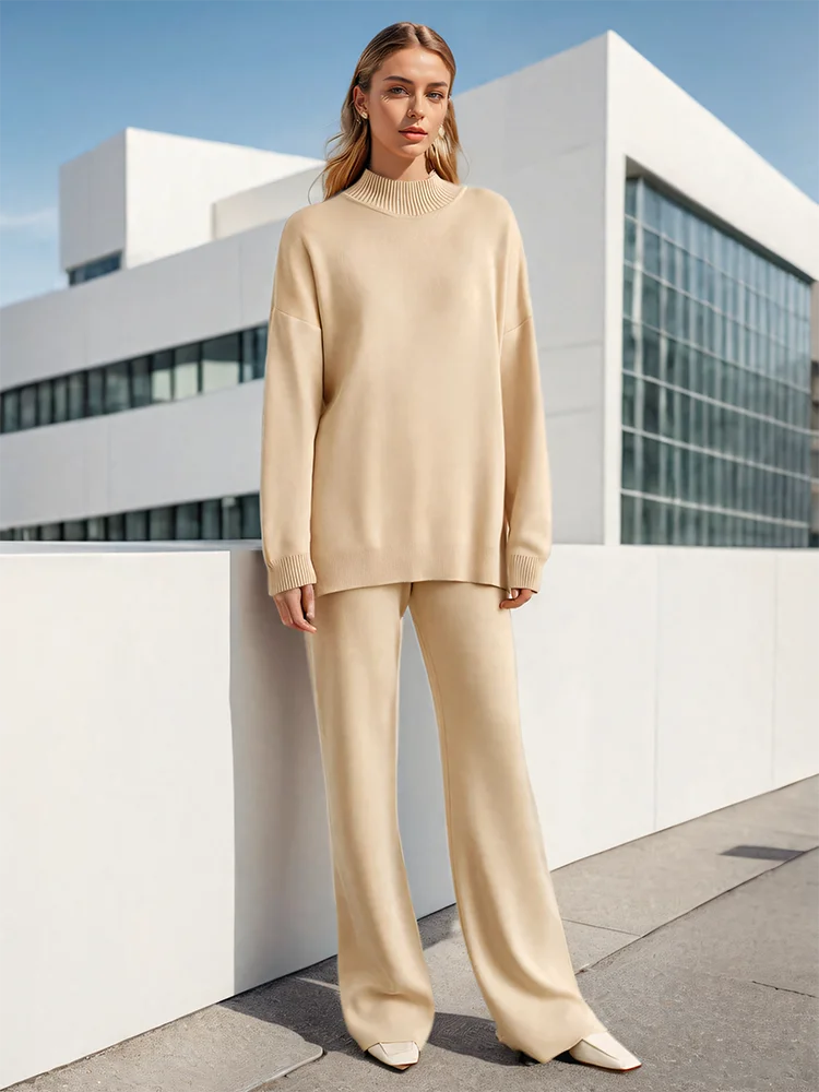 Turtleneck Loose Side Slit Pullover High Waist Straight Trouser Knitted Set