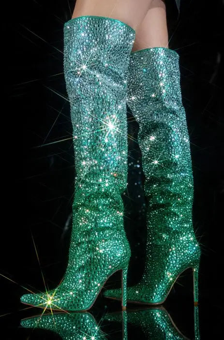 Rhinestone Studded Thin High Heel Crystal Over The Knee Boots