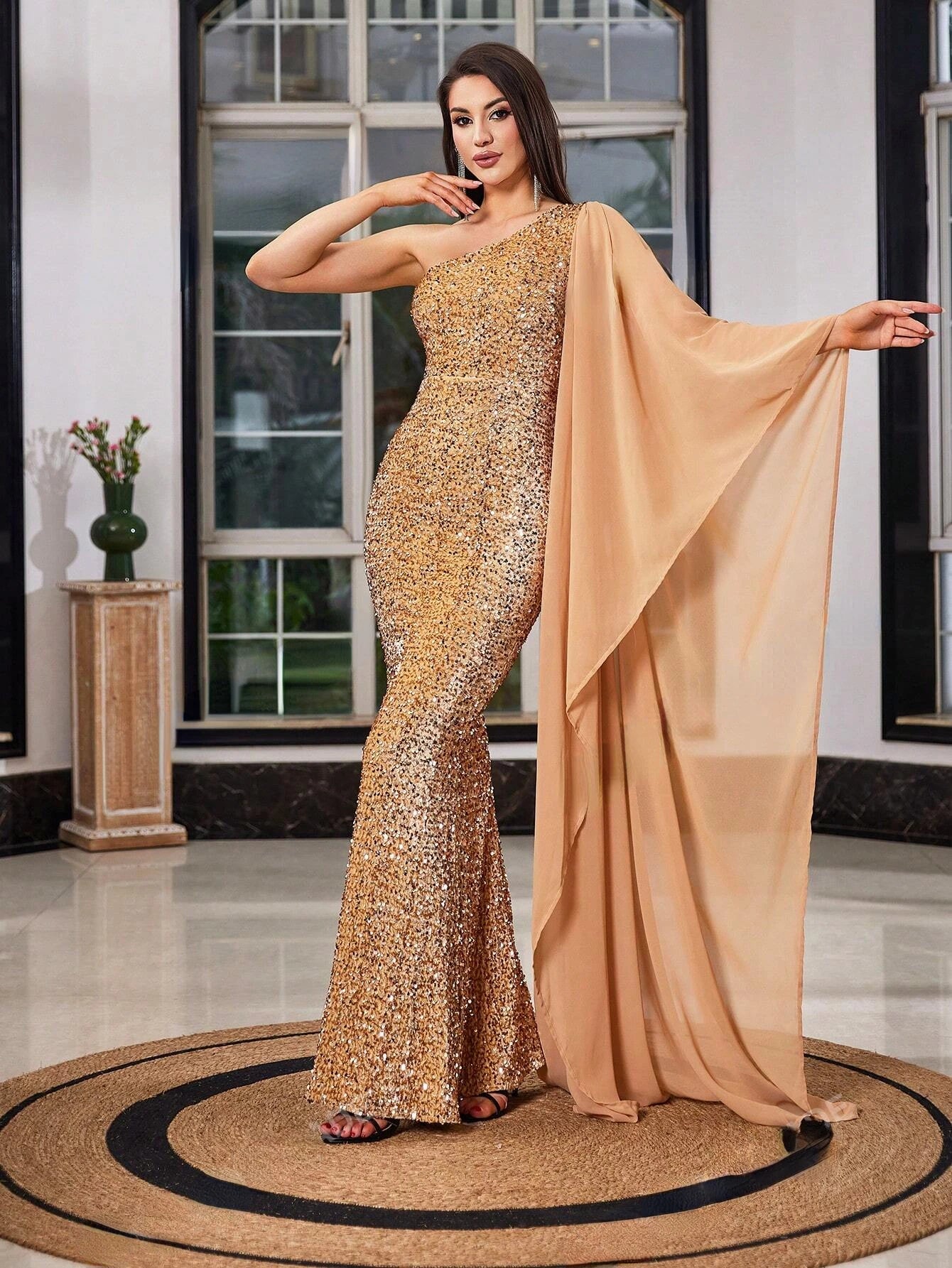 One-Sleeve Asymmetrical Sequin Embellished Gown Maxi Dress