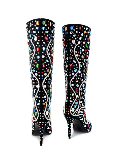 Rhinestone Pointed Toe Bling Crystal Thin High Heel Knee High Boots