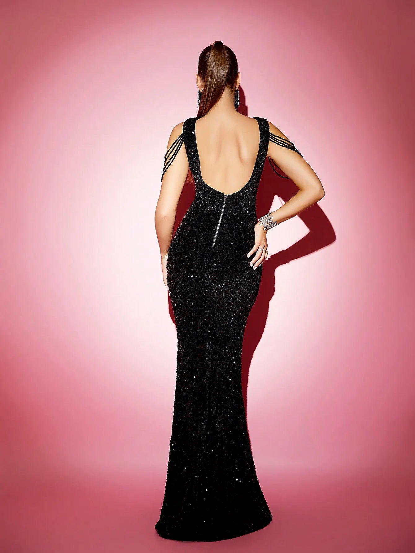 Crystal Tassel Backless Slim Fit Mermaid Sequin Formal Maxi Dress