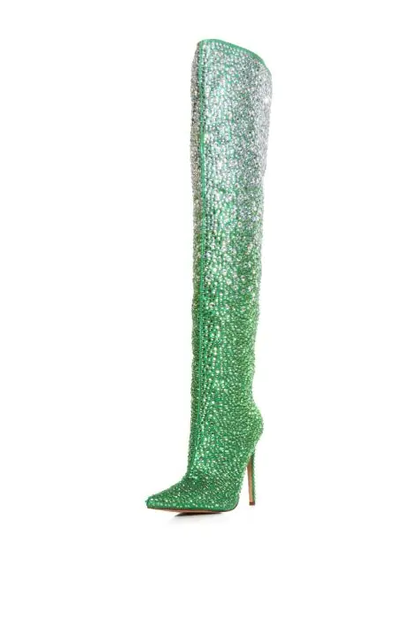 Rhinestone Studded Thin High Heel Crystal Over The Knee Boots