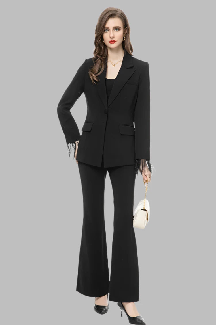 Lapel Caller Tassels Feather Long Sleeve Blazer Straight Trousers Set