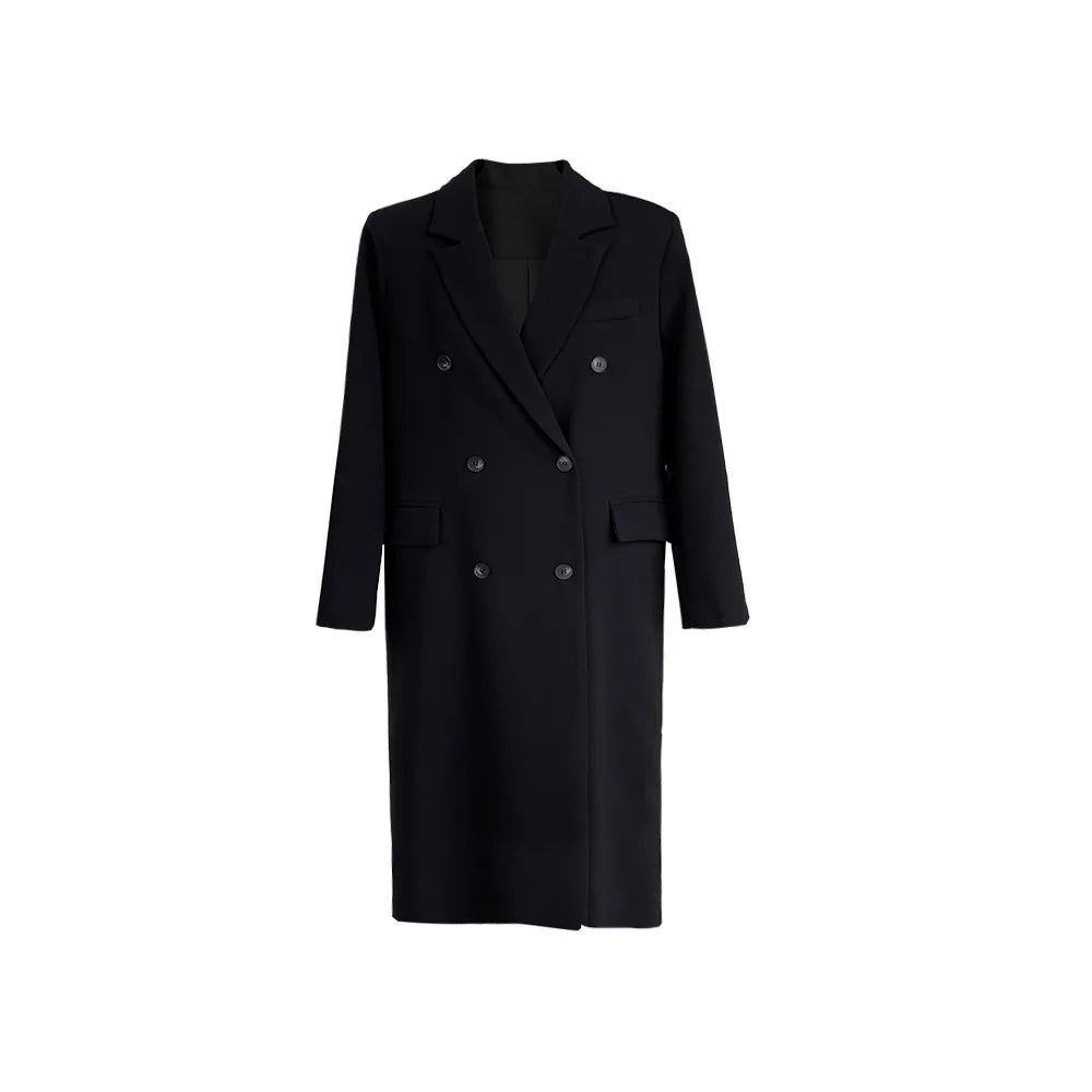 Notched Collar Loose Long Sleeves Double Breasted Mid Coat