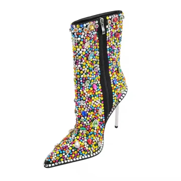 Banquet Pointed Toe Colourful Shiny Rhinestones Thin High Heels Ankle Boots