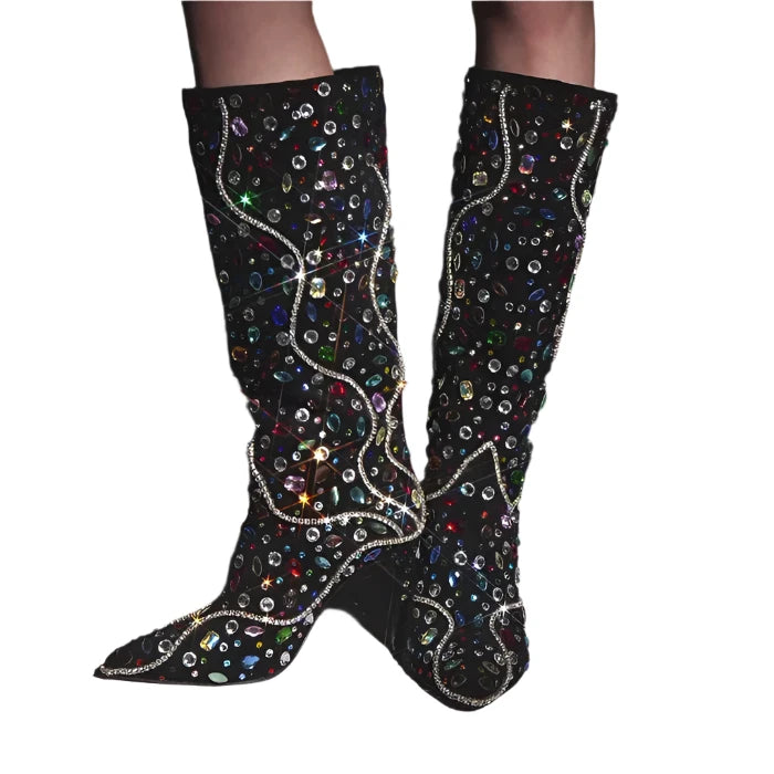 Rhinestone Pointed Toe Bling Crystal Thin High Heel Knee High Boots