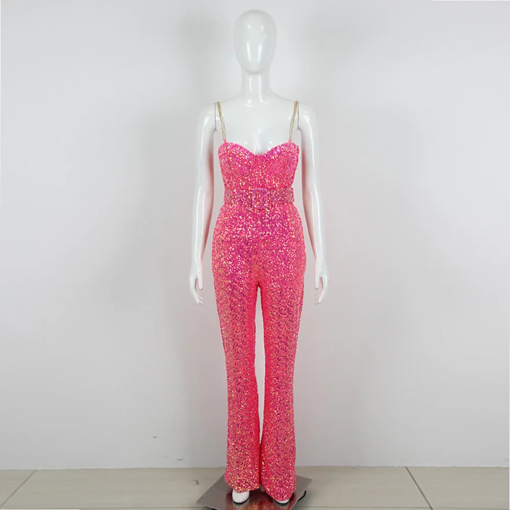 Sleeveless Sequins Spaghetti Strap Belted Wide Legs Jumpsuits