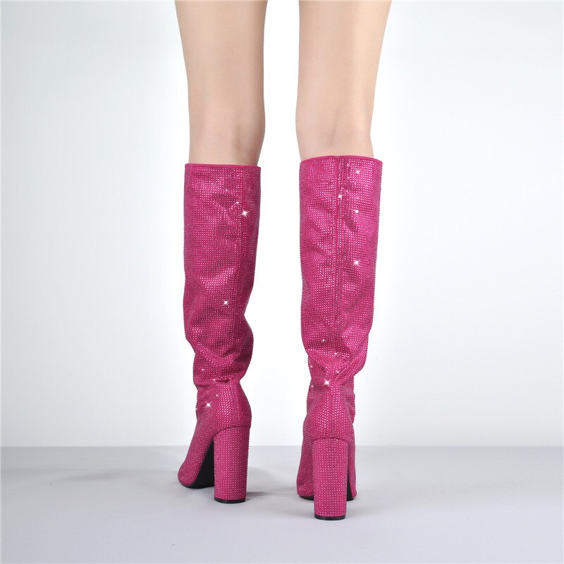 Rain Stone Round Toe Crinkle Mid Calf Chunky Square Heels Boots