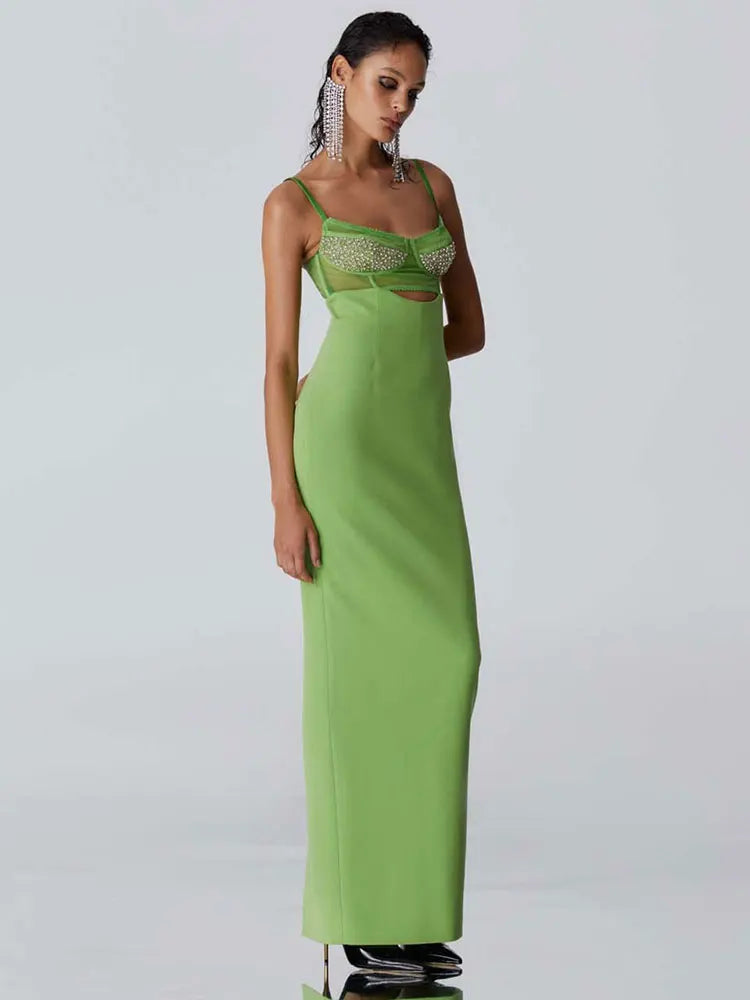 Spaghetti Strap Sleeveless Hollow Water Diamond Decor Backless Bandage Maxi Dress