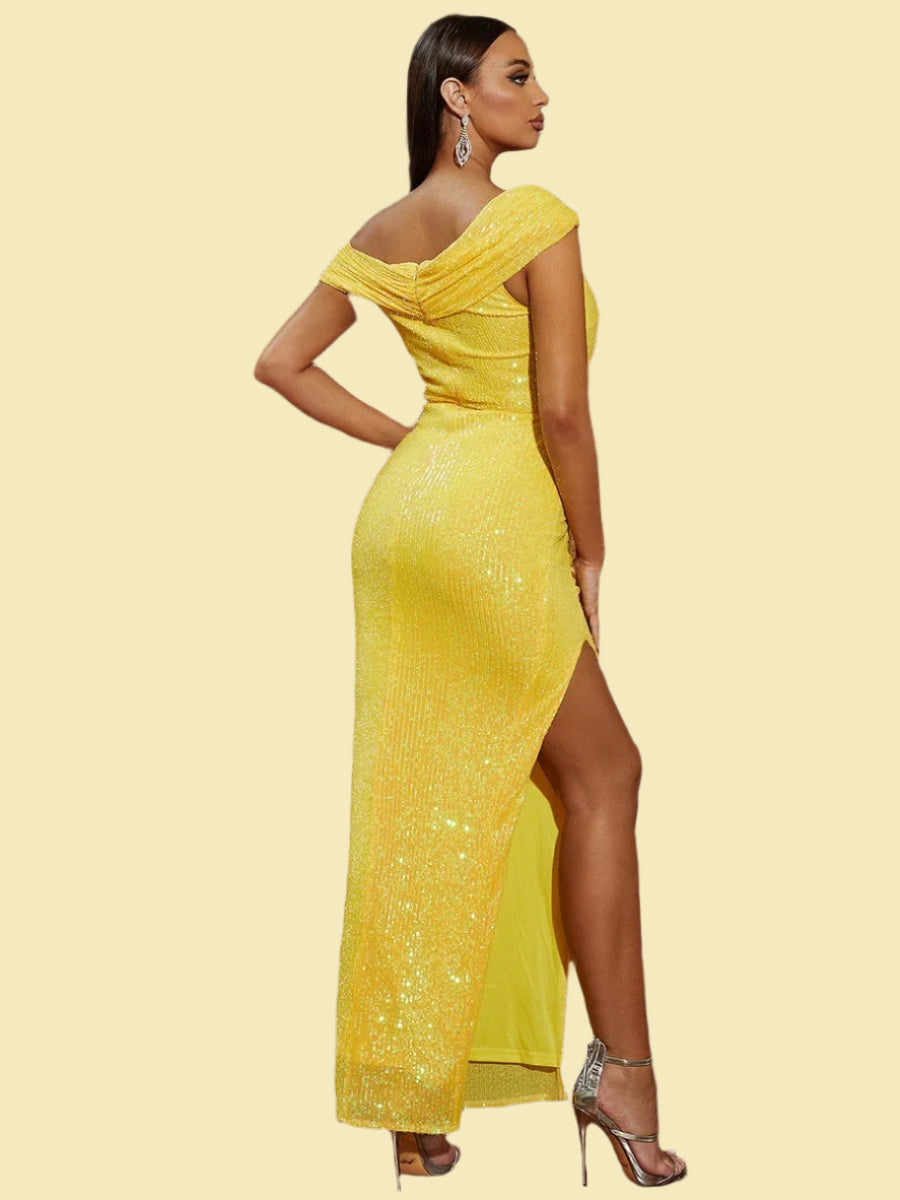 Off Shoulder Slit Shiny Sequin Sleeveless Prom Maxi Dress