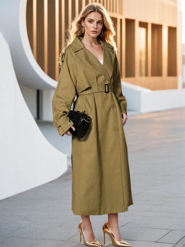 Turn Down Collar Double Breasted Long Sleeve Patchwork Trench Coat