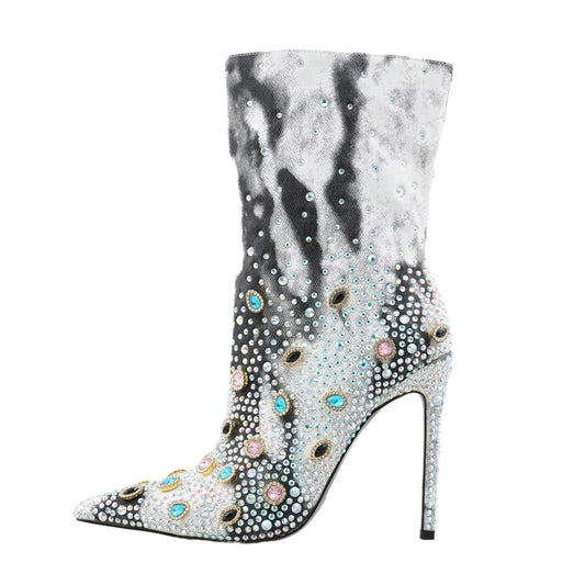 Banquet Pointed Shiny Rhinestones High Heel Ankle Boots