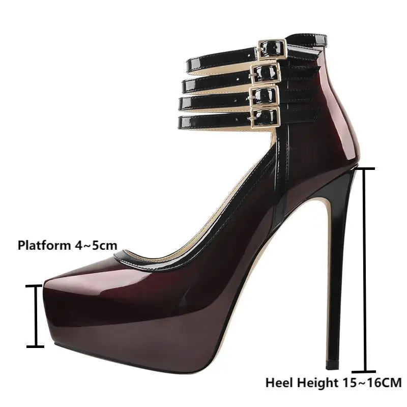 Platform Pointed Toe Pumps Ankle Strap  Buckle High Heel Shoes