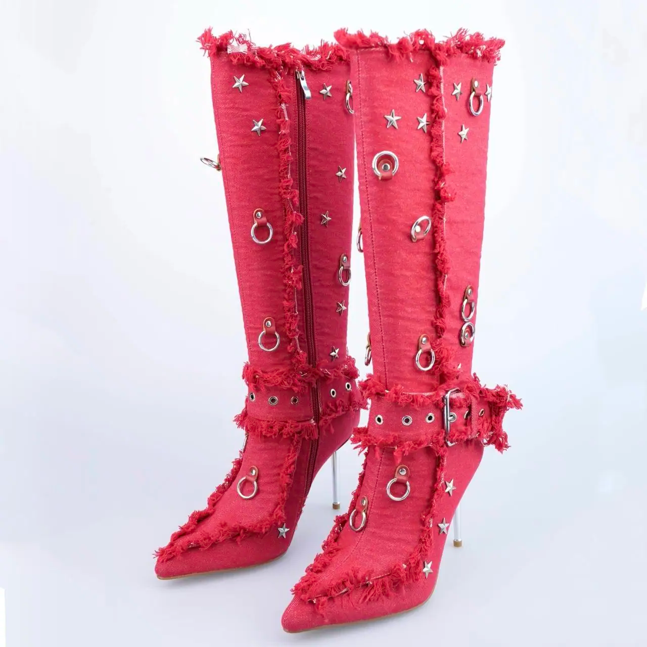 Buckle Star Rivet Decor Pointed Toe Thin Heels Knee High Boots