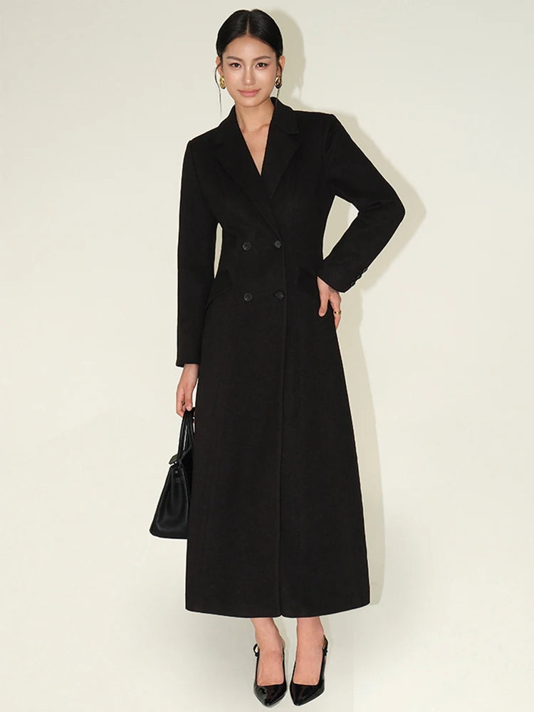 Lapel Double Breasted Full Sleeve Button Woollen Maxi Overcoat