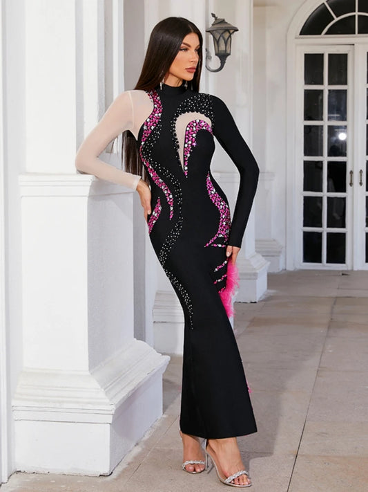 Long Sleeves Mesh Patchwork Sparkling Diamonds Bandage Maxi Dress