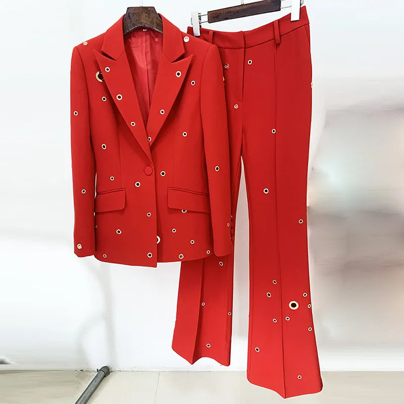 Hollow Decor Single Button Rivet Eyelet Lapel Blazer Mid Waist Trouser Set