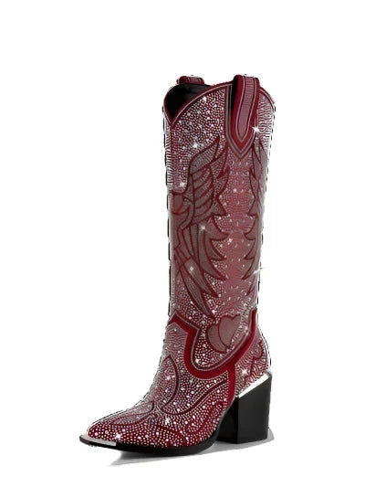 Crystal Rhinestones Bling Buckle Square High Heel Knee High Boots