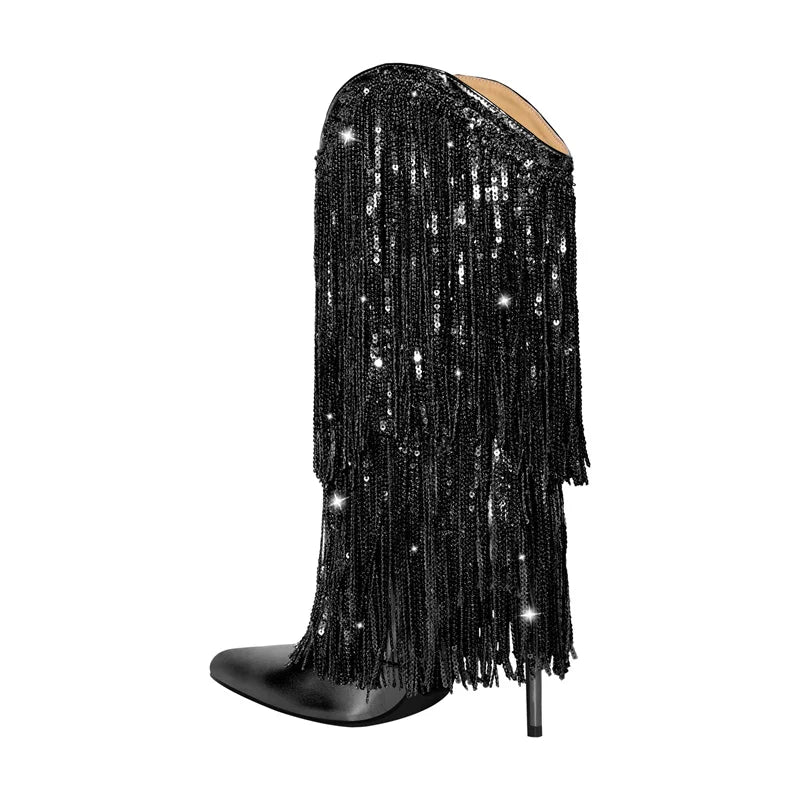 Pointed Toe Sequin Fringe Thin High Heel Mid Boots