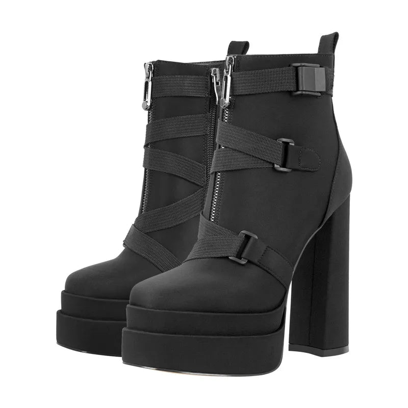 Round Toe Zipper Strap Chunky Thick Heels Lycra Platform Ankle Boots