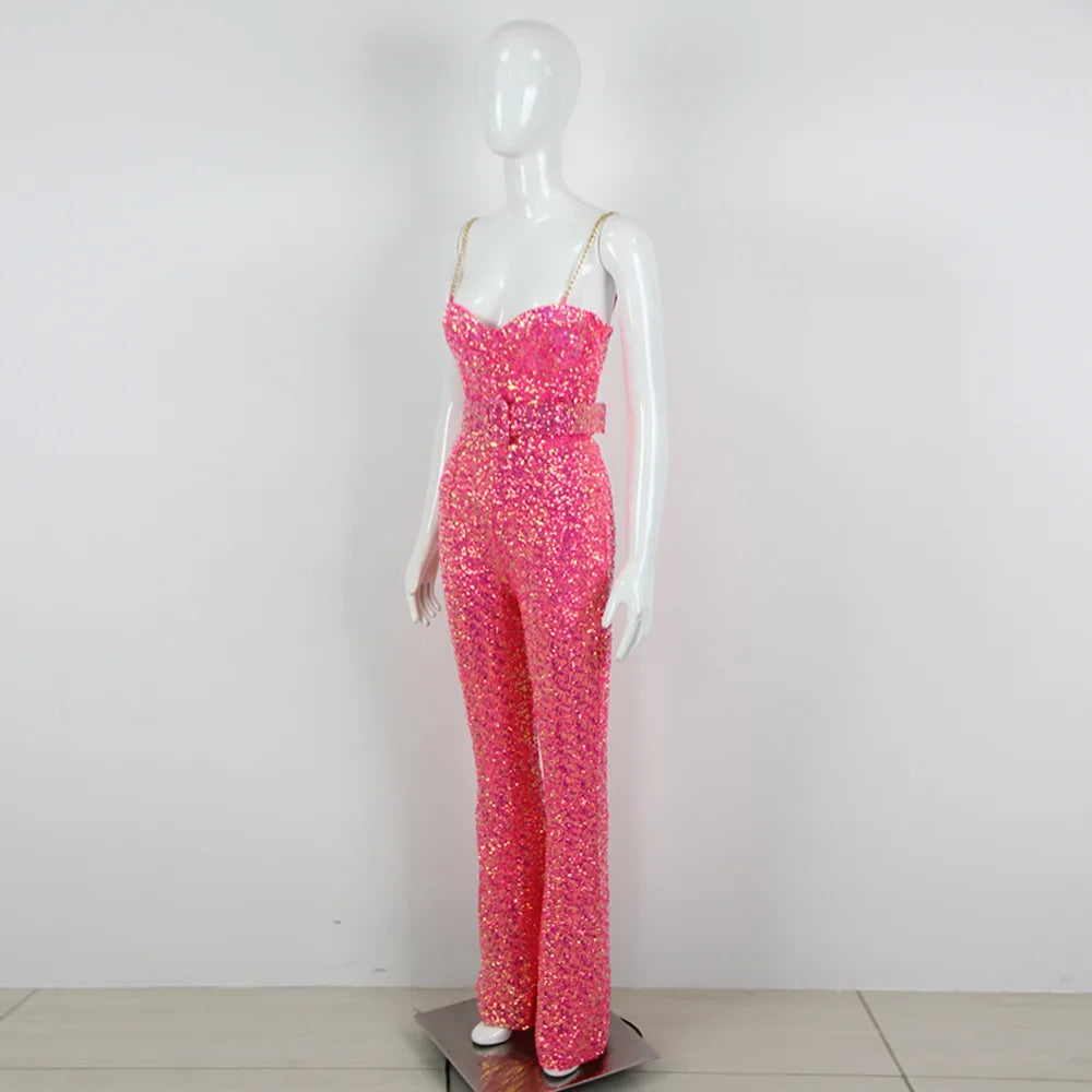 Sleeveless Sequins Spaghetti Strap Belted Wide Legs Jumpsuits