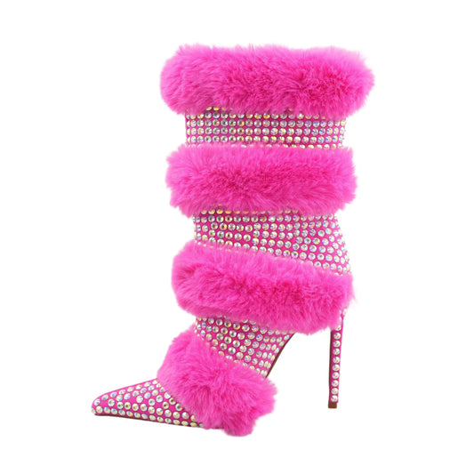 Shining Rainstone Fur Zip Up Pointed Toe Thin High Heels Boots