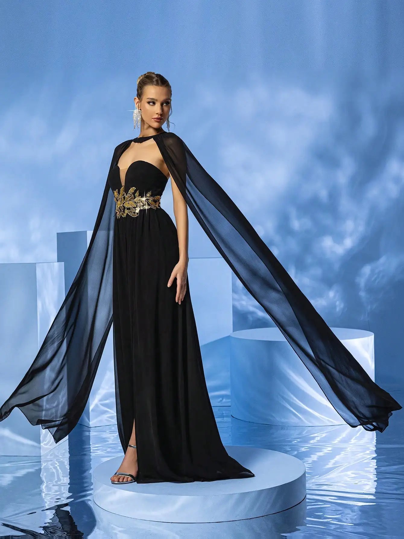 Sheer Cape Sleeve High Slit Strapless Embroidery Formal Maxi Dress