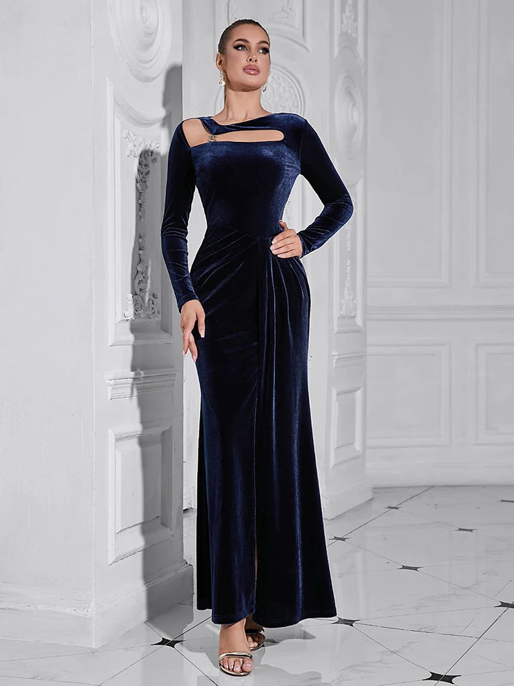 Asymmetrical Neck Long Sleeves Velvet Hollow Out Split Maxi Dress