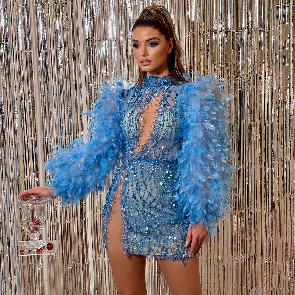 Feather Sequins Water Diamond Beaded Mini Dress