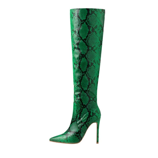 PU Leather Snakeskin Patterned Pointed Toe Over The knee Boots