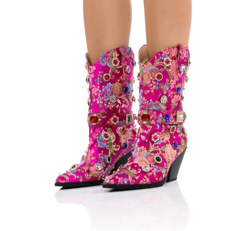 Flower Embroider Diamond Pointed Toe High Heel Ankle Boots