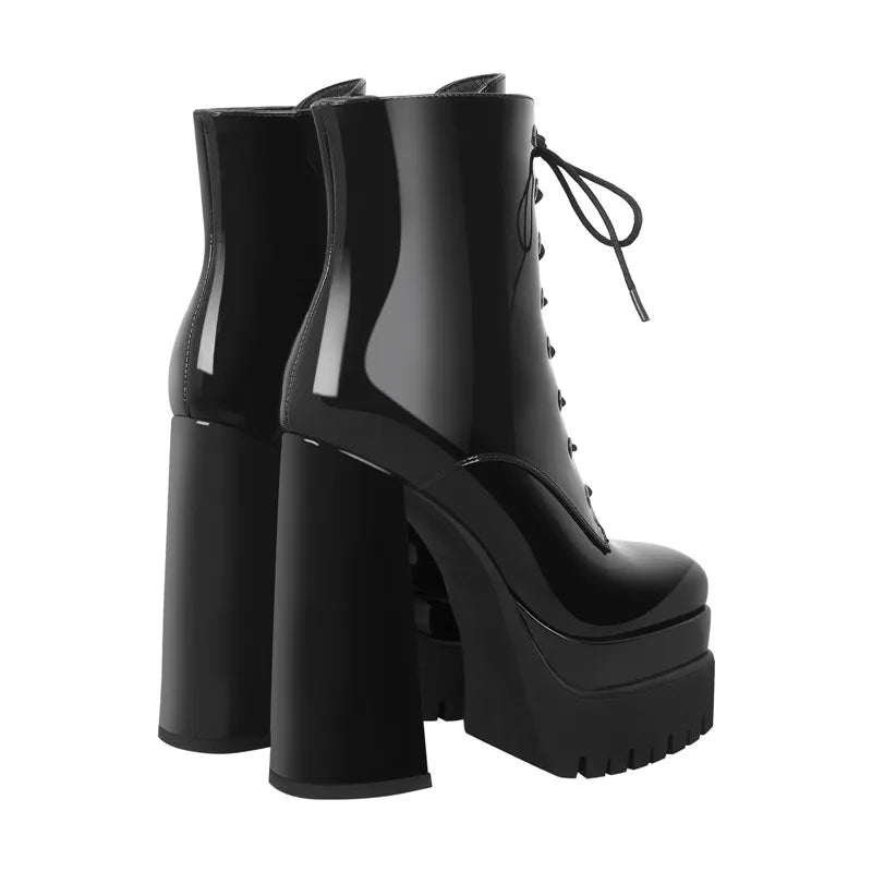 Platform Square Toe Block Chunky High Heel Lace Up Ankle Boots