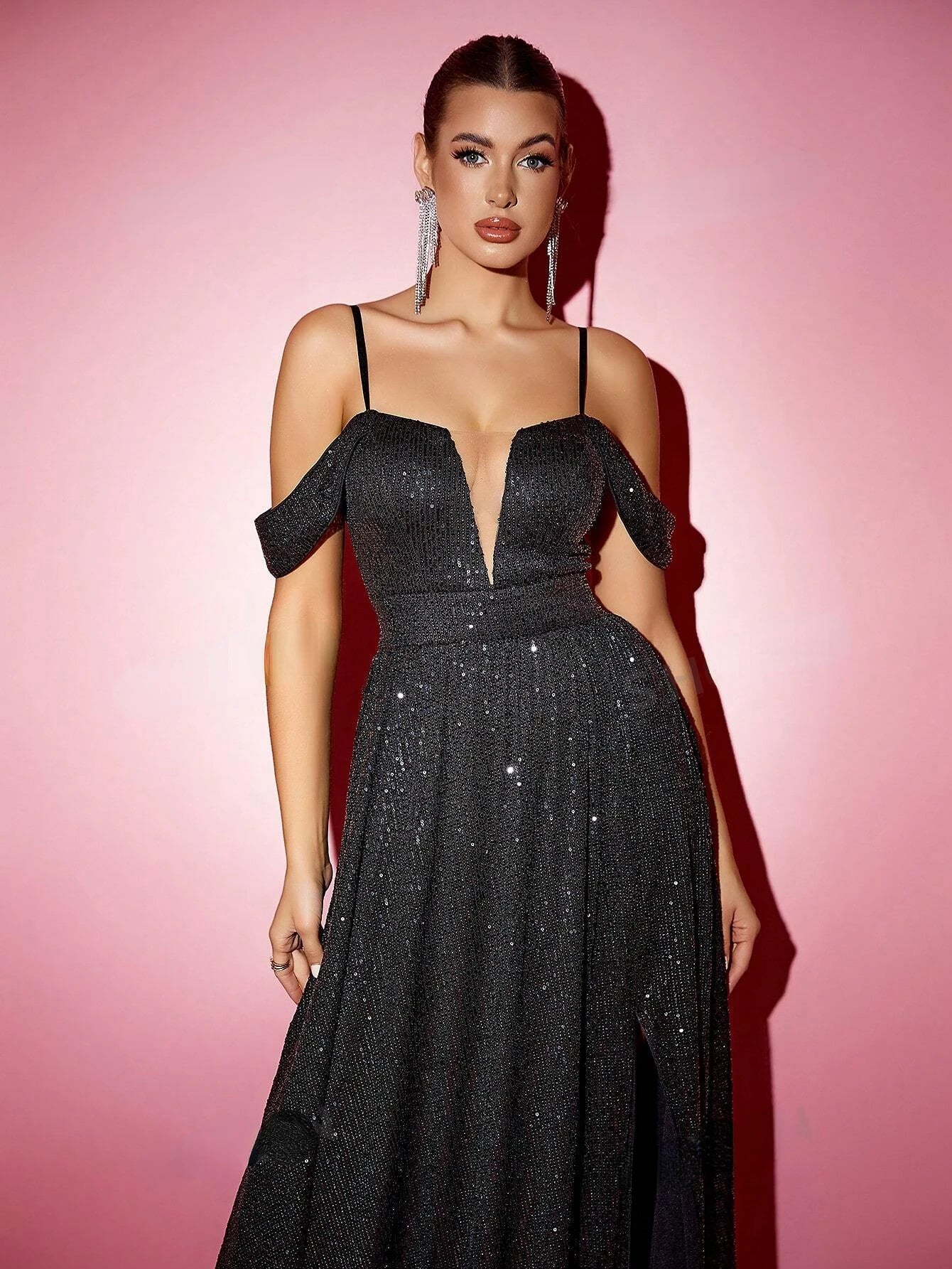 Slit Glitter Spaghetti Strap Cold Shoulder Sequins Evening Maxi Dress