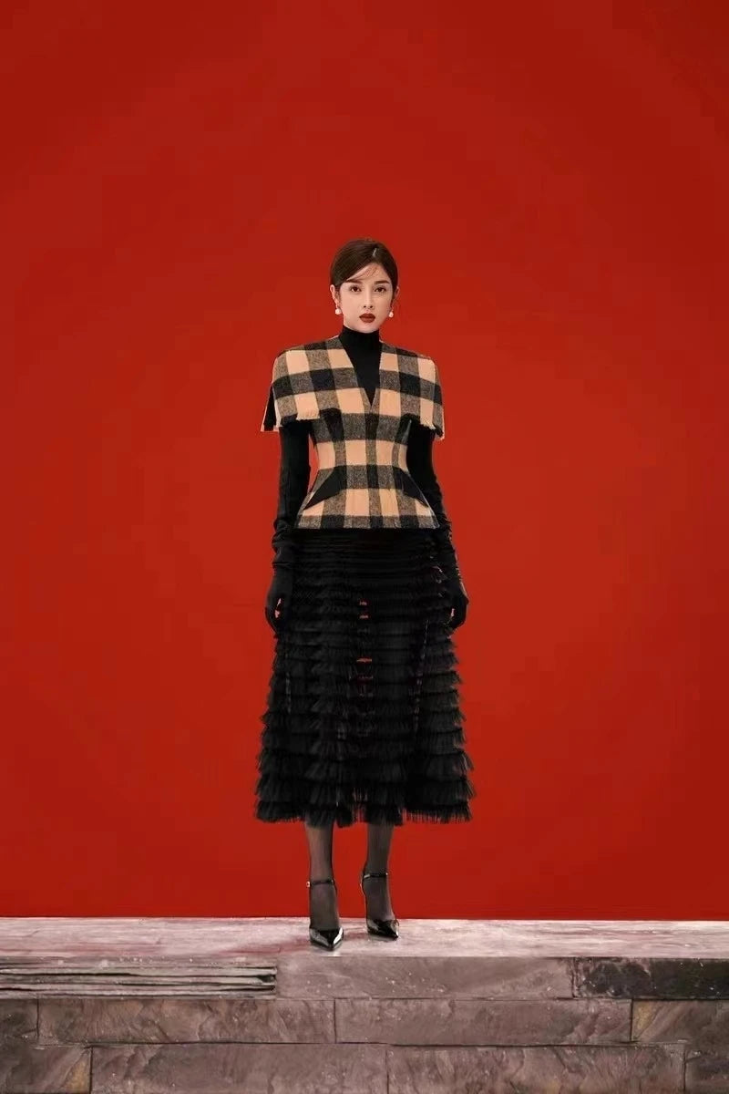 V Neck Pullover Plaid Woollen High Collar Bottom Tops Mesh Tassel Mid Skirt Sets