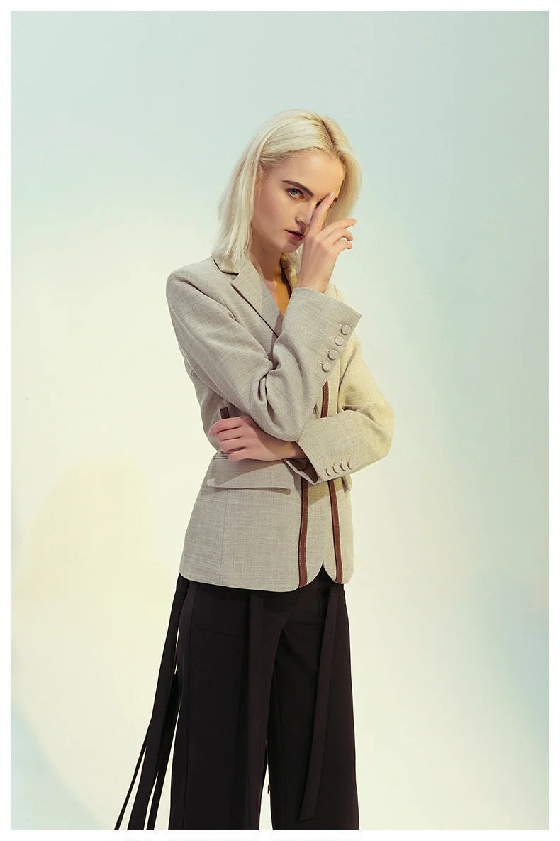 Notched Collar Spliced Contrasting Colours PU Leather Belt Blazer